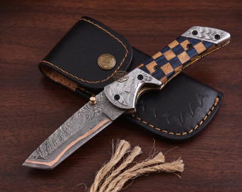 Navaja plegable de acero de Damasco y cobre hecha a mano - Navaja de bolsillo tipo Tanto de 20 cm - Herramienta forjada a medida - Regalo de aniversario para hombres con funda de cuero