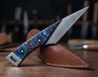 Coltello Kiridashi in acciaio D2 fatto a mano, coltello tascabile EDC, manico in resina Galaxy, fodero in pelle, strumento per la lavorazione del legno, regalo per lui