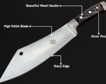 May include: A high-polish blade knife with a beautiful wood handle and silver pins. The knife has a sharp edge and a hole near the tip. The knife is a kitchen tool.