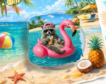 面白いアライグマのマグネット式スマホグリップ、夏のフラミンゴプールミーム、アイスコーヒーを飲む美学、かわいい動物のマグセーフキックスタンド、トレンディなバケーション