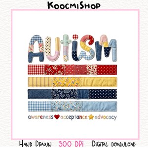 Diseño PNG de patchwork sobre autismo, diseño de bordado simulado para concienciación (descarga digital)