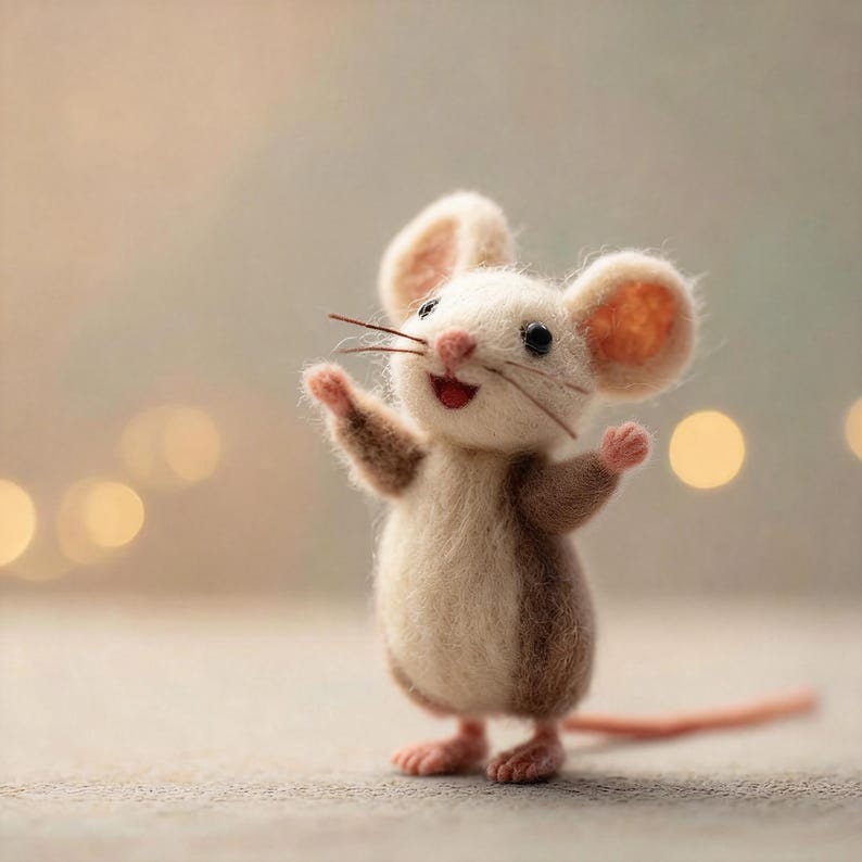 May include: A handcrafted felt mouse figurine with a cheerful expression. The mouse has a white body, brown accents, and pink details on its ears, paws, and tail. Its arms are raised, and it has a red mouth, giving it a friendly appearance.