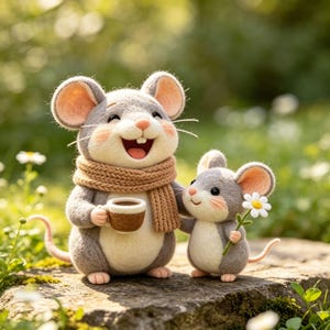 Könnte beinhalten: Zwei nadelgefilzte graue Mäuse mit cremefarbenen Bäuchen. Die größere Maus trägt einen beigen Strickschal und hält eine kleine braune Tasse. Die kleinere Maus steht daneben und hält ein einzelnes weißes Gänseblümchen mit gelber Mitte in der Pfote.