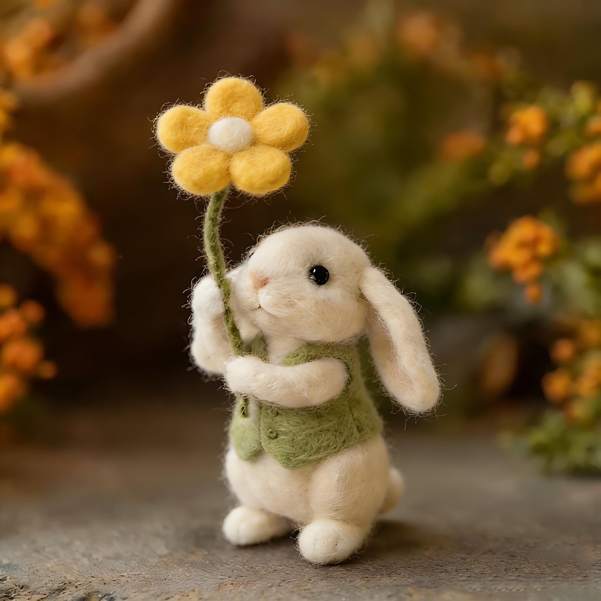 Handmade Needle Felted Bunny with Yellow Flowers Figurine Wool Felt Art Perfect for Home Decor & Gifting Unique Handcrafted Art Piece