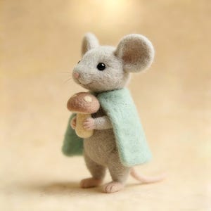 Handmade Needle Felted Mint Green Cloak Mushroom Gray Mouse | Wool Felt Figurine | Whimsical Home Decor | Artisan Collectible | Unique Gift image 2