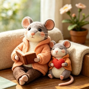 Könnte beinhalten: Zwei nadelgefilzte Mausfiguren. Die größere Maus trägt einen pfirsichfarbenen Kapuzenpullover und eine braune Hose und hält ein offenes braunes Buch. Die kleinere Maus trägt einen passenden Kapuzenpullover und hält ein rotes Herz.