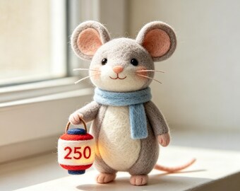 Handmade Wool Felt Brown Cap Parent Baby Star Mouse Figurine, Matching Star Indoor Wood Table Collectible Gift