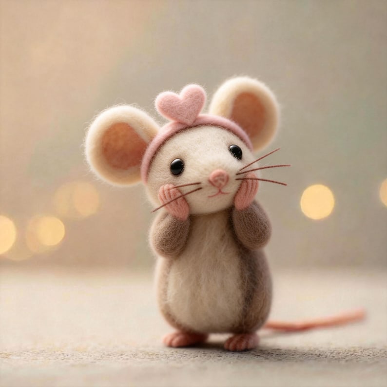 May include: A handcrafted felt mouse figurine with a pink heart-shaped hat and matching ear muffs. The mouse has a white face, brown body, and pink nose and feet. Its whiskers are visible, and it is holding its cheeks with its paws.