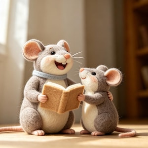 Könnte beinhalten: Zwei nadelgefilzte Mausfiguren in Grau- und Cremetönen. Die größere Maus trägt einen hellblauen Schal und hält ein offenes beiges Buch, während die kleinere Maus daneben steht und mit einem sanften Ausdruck und rosa Ohren aufblickt.