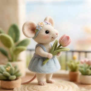 Handmade Needle Felted Flower Crown Blue Dress Tulip Mouse | Wool Felt Figurine | Whimsical Home Decor | Artisan Collectible | Unique Gift image 4