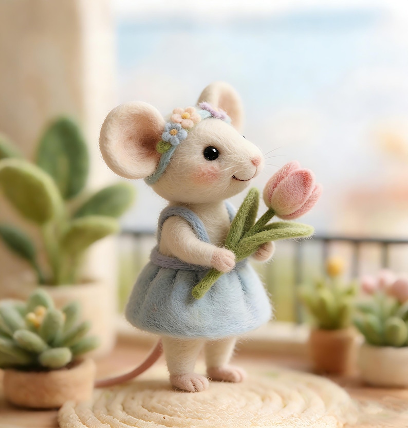 Handmade Needle Felted Flower Crown Blue Dress Tulip Mouse | Wool Felt Figurine | Whimsical Home Decor | Artisan Collectible | Unique Gift image 4