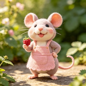 May include: A charming felt mouse figurine wearing a pink apron, holding a red raspberry. The mouse has large pink ears, a smiling face, and a long tail. The background features greenery and soft lighting.