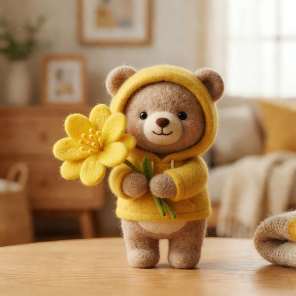 Needle Felted Bear in Yellow Hoodie with Flower | Handmade Wool Felt Figurine | Cute Animal Collectible | Cottagecore poison