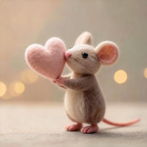 May include: A handcrafted felt mouse figurine holding a pink heart. The mouse has a light brown and white body, pink ears, and a long pink tail. The heart is a soft, pastel pink color. The background is blurred with warm, soft lighting.