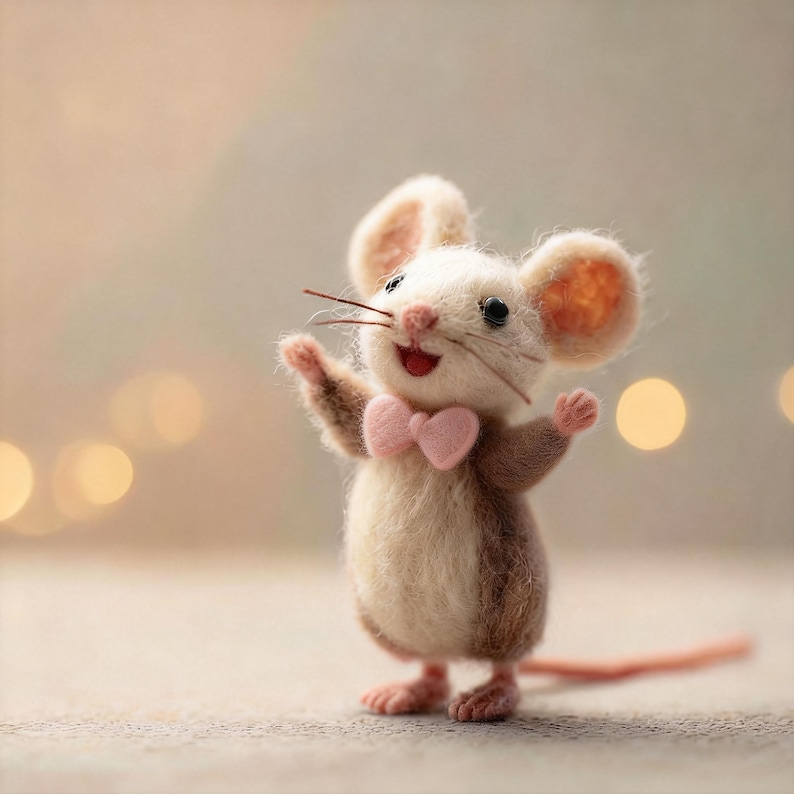May include: A handcrafted felt mouse figurine with a cheerful expression. The mouse has a white body, brown accents, pink bow tie, and outstretched arms. The mouse has a pink tail and ears. The background is blurred with soft, warm tones.