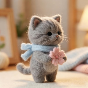 以下が含まれることがあります： 水色のスカーフとピンクの花を持った、手作りの灰色の猫の置物。猫は大きな黒い目を持ち、ふわふわした外観で立っています。置物は柔らかい素材で作られています。
