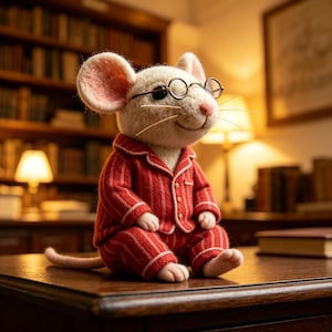 Ratinho de feltro de lã feito à mão, representando um rato leitor | Ratinho de pijama listrado vermelho, item colecionável, lembrança para estante de biblioteca ou escritório.