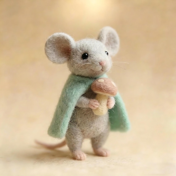 Handmade Needle Felted Mint Green Cloak Mushroom Gray Mouse | Wool Felt Figurine | Whimsical Home Decor | Artisan Collectible | Unique Gift