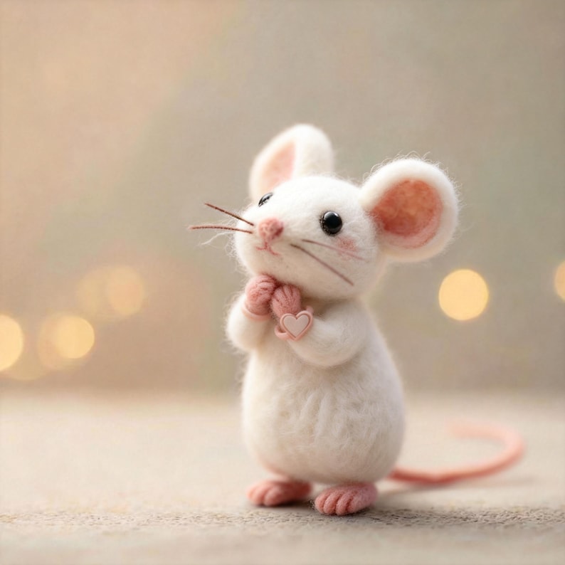 May include: A charming white felt mouse figurine with pink accents. The mouse has large ears, a pink nose, and tiny pink paws. It is holding its paws together, with a small pink heart on its hands. The mouse has a long pink tail.