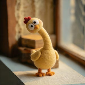 Könnte beinhalten: Eine handgefertigte gelbe Filz-Hühnerfigur mit langem Hals, rotem Kamm und orangefarbenen Füßen. Das skurrile Huhn hat große, ausdrucksstarke Augen und einen leicht geneigten Kopf, der ihm einen neugierigen Blick verleiht. Es ist ein charmantes Dekorationsstück.