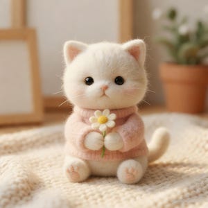 Needle Felted White Cat in Pink Sweater with Daisy | Handmade Wool Felt Figurine | Cute Cottagecore Home Decor