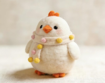 Needle Felted Chick with Pom Pom Scarf | Handmade Wool Felt Collectible | Cute Cottagecore Decor