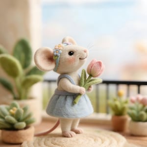 May include: A felted mouse figurine wearing a light blue dress and a floral headband, holding a pink tulip. The mouse has rosy cheeks and a long tail. The background includes potted plants and a blurred outdoor scene.