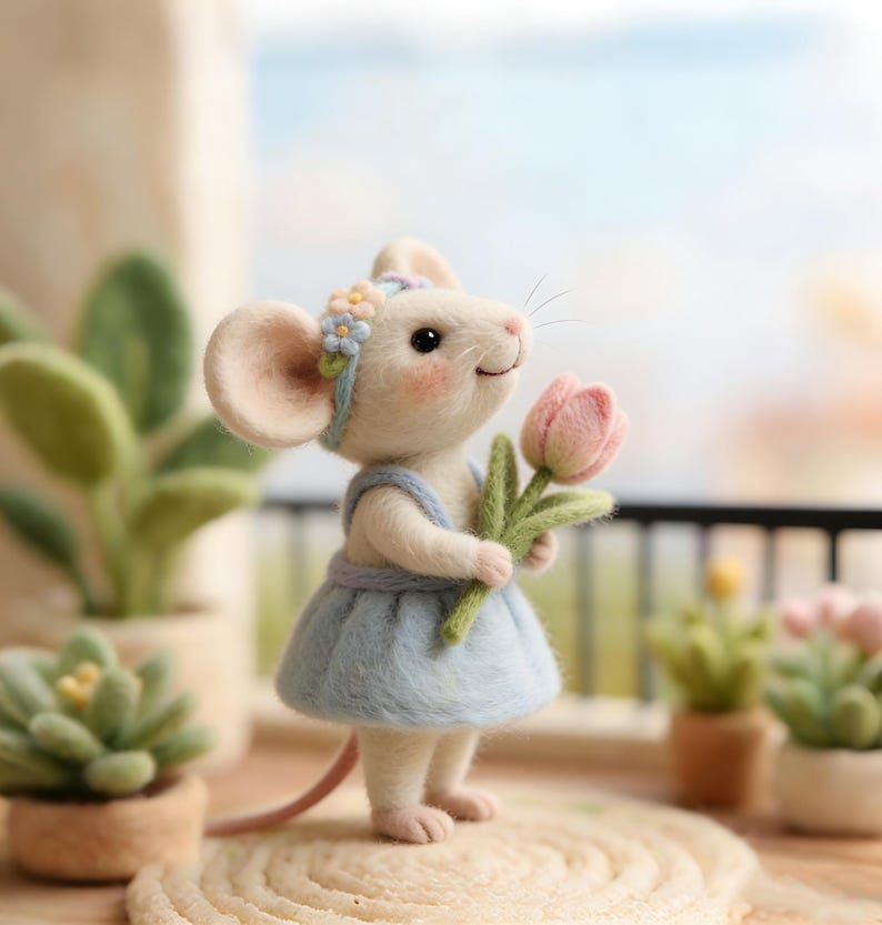 May include: A felted mouse figurine wearing a light blue dress and a floral headband, holding a pink tulip. The mouse has rosy cheeks and a long tail. The background includes potted plants and a blurred outdoor scene.