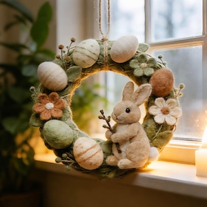 Handmade Needle Felted Bunny | Easter & Spring Home Decor | Wool Felt Floral Wreath with Eggs Bunny | Farmhouse Window Wall Decor