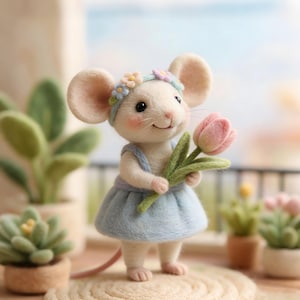 Handmade Needle Felted Flower Crown Blue Dress Tulip Mouse | Wool Felt Figurine | Whimsical Home Decor | Artisan Collectible | Unique Gift