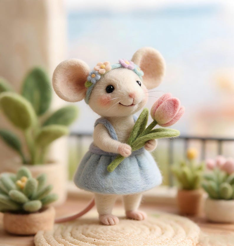 Handmade Needle Felted Flower Crown Blue Dress Tulip Mouse | Wool Felt Figurine | Whimsical Home Decor | Artisan Collectible | Unique Gift Style A(8-10cm)