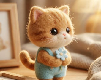 Needle Felted Orange Cat in Blue Overalls with Flower | Handmade Wool Felt Figurine | Cute Animal Collectible | Cottagecore Gift