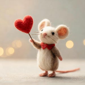 Könnte beinhalten: Eine handgefertigte Filzmaus-Figur, die ein rotes Herz hält. Die Maus hat einen weißen Körper, braune Akzente und eine rote Fliege. Das Herz ist mit weißem Faden genäht und an einem dünnen braunen Stiel befestigt.