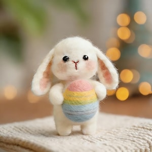 Handmade Needle Felted Easter Bunny with Rainbow Egg Figurine | Wool Felt Art |  Easter Decor & Gifting | Unique Handcrafted Art Piece