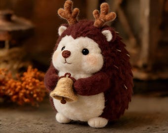 Needle Felted Hedgehog with Reindeer Antlers & Bell | Handmade Wool Felt Collectible | Cute Cottagecore Decor