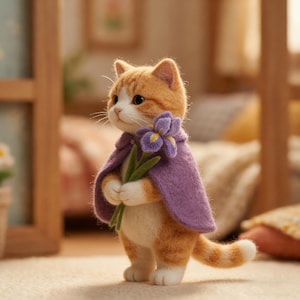 Op de afbeelding: Handgemaakte oranje en witte kattenfiguur met een paarse cape en een paarse bloem. De kat heeft een lieve uitdrukking en staat op een lichtgekleurd oppervlak. Het beeldje is een charmant decoratief item.