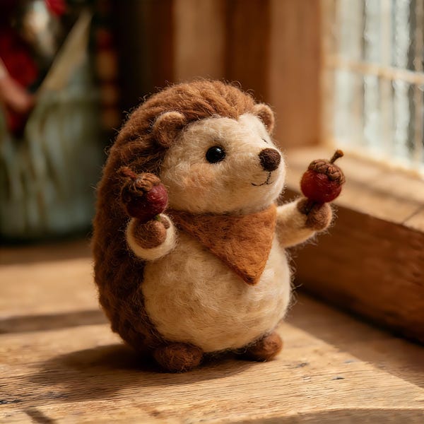 Handmade Needle Felted Hedgehog with Berries & Bandana Figurine | Artisan Collectible | Handcrafted Wool Felt Art | Unique Home Decor Gift