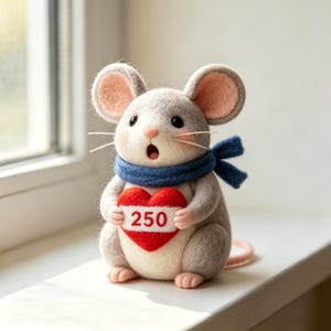 Handmade Wool Felt USA 250th Mouse Figurine, Navy Bow Scarf Heart 250 Collectible Gift