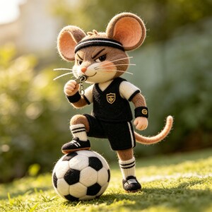 May include: A felt mouse figurine dressed as a soccer referee, wearing a black and white uniform with a whistle in its mouth. The mouse stands on a soccer ball on a grassy field, with a determined expression.