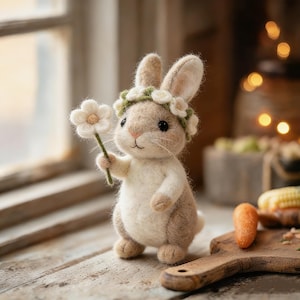 Könnte beinhalten: Eine handgefertigte, beige Hasenfigur mit einem weißen Blümchen und einem Blumenkranz. Der Hase hat schwarze Augen und eine rosa Nase und hält eine weiße Blume mit grünem Stiel. Der Hase steht auf einer Holzoberfläche.