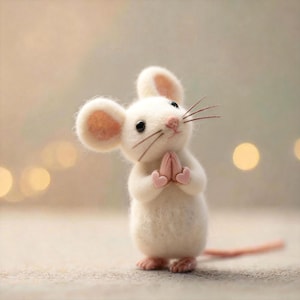 May include: A handcrafted white felt mouse figurine with large, rounded ears and a pink nose. The mouse has its paws together in a prayer-like gesture, with pink heart-shaped hands. It has black eyes and long whiskers, and a pink tail.