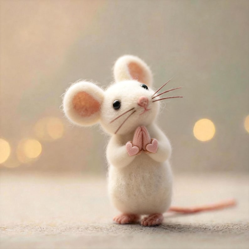 May include: A handcrafted white felt mouse figurine with large, rounded ears and a pink nose. The mouse has its paws together in a prayer-like gesture, with pink heart-shaped hands. It has black eyes and long whiskers, and a pink tail.