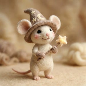 Könnte beinhalten: Eine handgefertigte Filz-Maus-Figur, die einen braunen Zaubererhut mit Stern- und Monddetails trägt. Die Maus hält einen sternförmigen Zauberstab. Die Maus hat rosige Wangen und einen lächelnden Ausdruck. Die Figur steht vor einem weichen, neutralen Hintergrund.