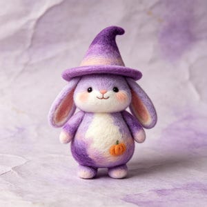 May include: A needle-felted rabbit figurine featuring a purple and white gradient body, long ears with pink inner details, and a pointed purple witch hat. The rabbit has a small orange pumpkin accent on its belly and a soft, fuzzy texture.