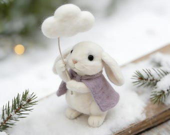 Needle Felted Bunny with Cloud Umbrella & Purple Cape | Handmade Wool Felt Collectible | Cute Cottagecore Decor