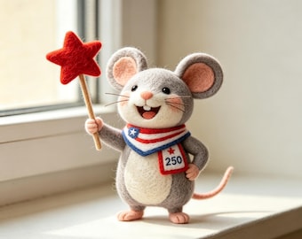 Figura de ratón de fieltro de lana hecha a mano conmemorativa del 250 aniversario de EE. UU., varita mágica con estrella patriótica, recuerdo coleccionable del bicentenario.