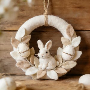 Handmade Needle Felted Bunny & Egg Wreath | Easter Spring Home Decor | Neutral Wool Felt Wreath with Bunny Eggs | Farmhouse Window Decor