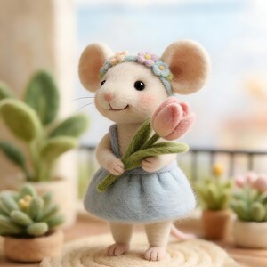 May include: A needle-felted mouse figurine with cream-colored fur, wearing a light blue skirt and a floral headband with pastel flowers. The mouse holds a single pink tulip with green leaves in its paws and has rosy pink cheeks.