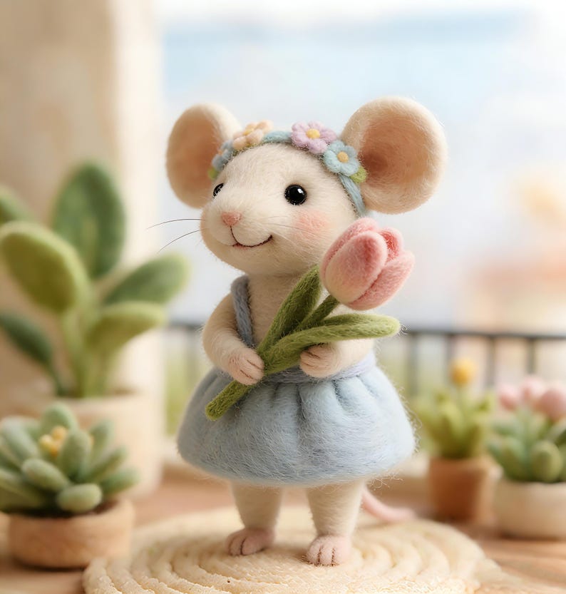 May include: A needle-felted mouse figurine with cream-colored fur, wearing a light blue skirt and a floral headband with pastel flowers. The mouse holds a single pink tulip with green leaves in its paws and has rosy pink cheeks.