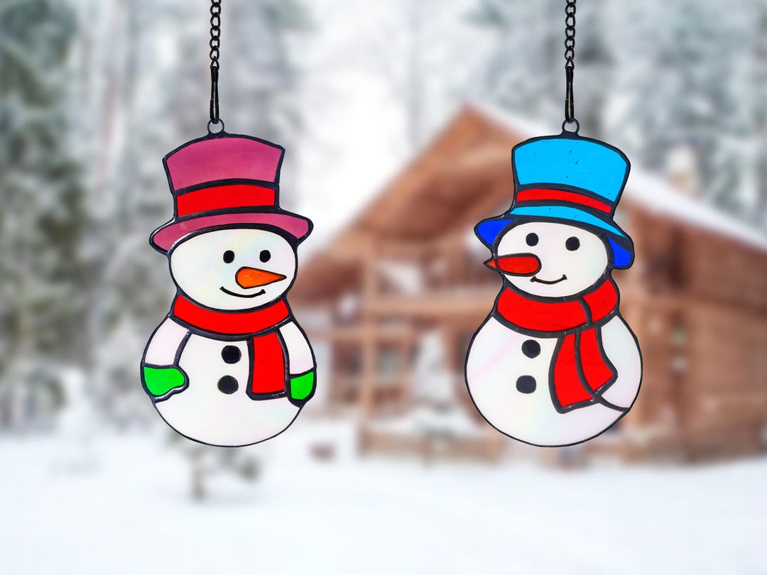 Real Stained Glass Snowman Suncatcher Set, Handmade Christmas Window ...